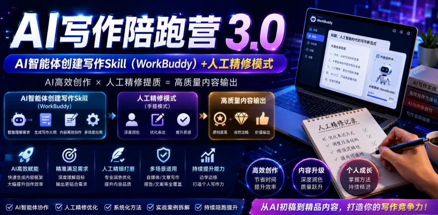 AI写作陪跑营3.0,Ai智能体创建写作skill(workbuddy)+人工手写模式(手搓模式),去除AI痕迹(头条号、公众号、百家号)-网赚副业网