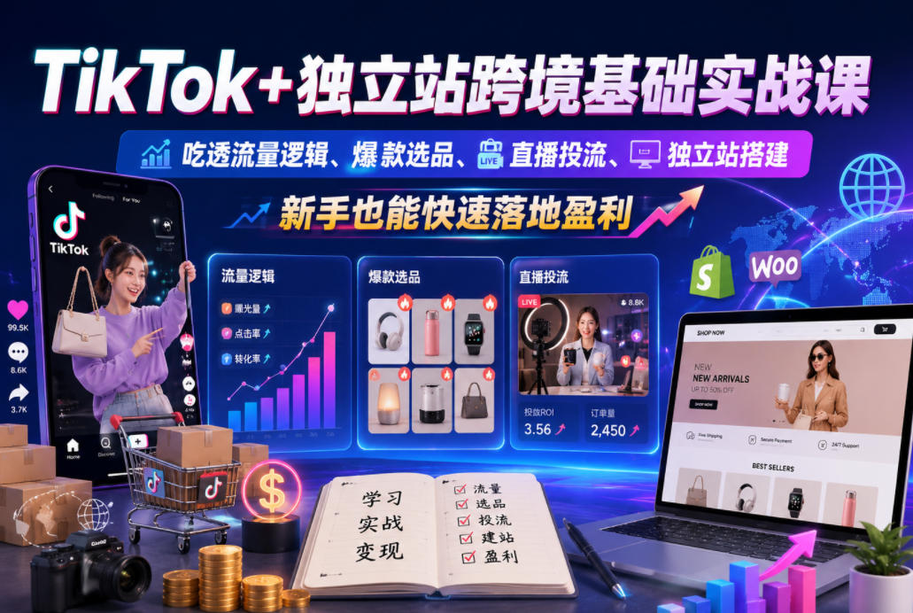 TikTok+独立站跨境基础实战课,吃透流量逻辑、爆款选品、直播投流与独立站搭建,新手也能快速落地盈利-网赚副业网