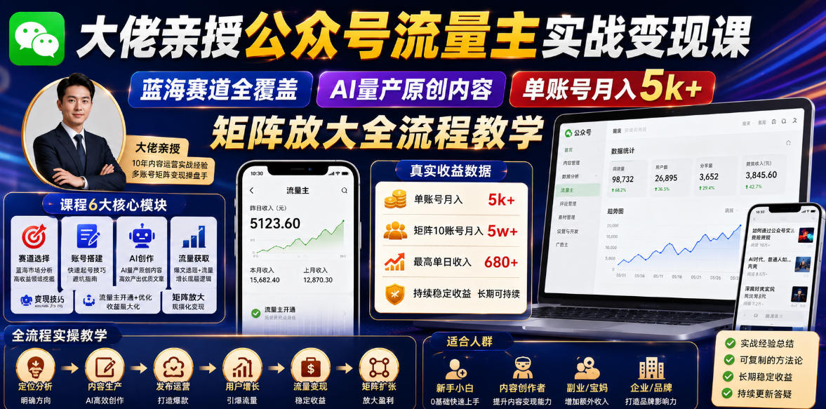 大佬亲授公众号流量主实战变现课，蓝海赛道全覆盖，AI量产原创内容，单账号月入5k+矩阵放大全流程教学-网赚副业网