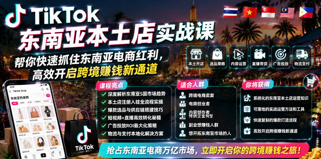 TikTok东南亚本土店实战课,帮你快速抓住东南亚电商红利,高效开启跨境賺钱新通道-网赚副业网