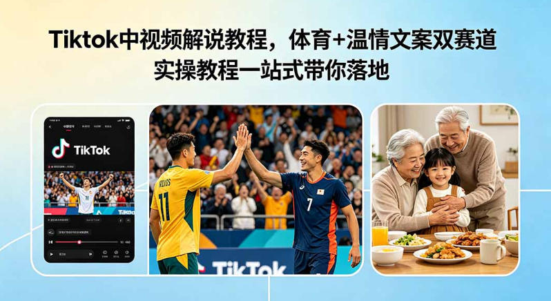 Tiktok中视频解说教程,体育+温情文案双赛道实操教程一站式带你落地,教你出海賺美刀-网赚副业网