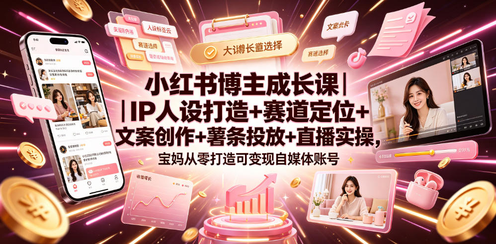 小红书博主成长课|IP人设打造+赛道定位+文案创作+薯条投放+直播实操,宝妈从零打造可变现自媒体账号-网赚副业网