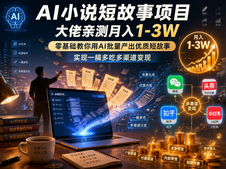AI小说短故事项目,大佬亲测月入1-3W,零基础教你用AI批量产出优质短故事,实现一稿多吃多渠道变现-网赚副业网