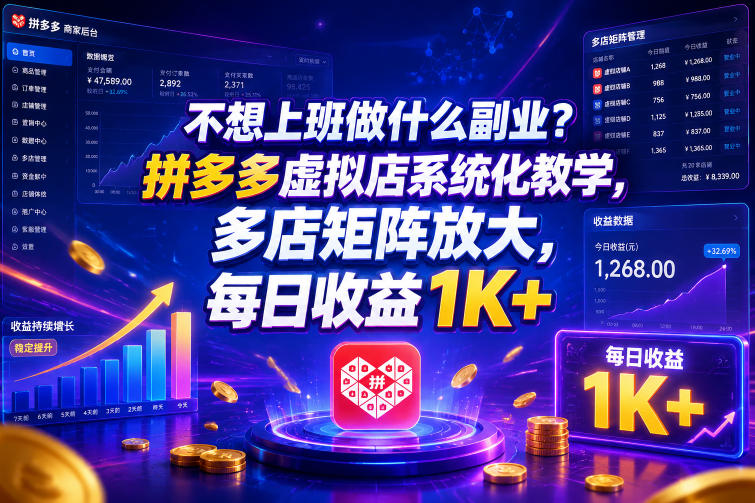 不想上班做什么副业?拼多多虚拟店系统化教学,多店矩阵放大,每日收益1K+【揭秘】-网赚副业网