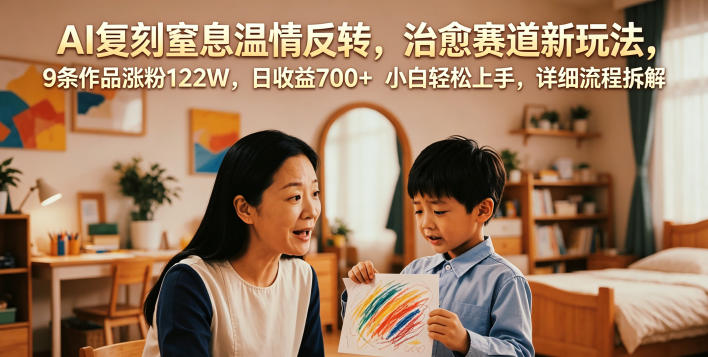 AI复刻窒息温情反转,治愈赛道新玩法,9条作品涨粉122W,日收益700+ 小白轻松上手,详细流程拆解-网赚副业网