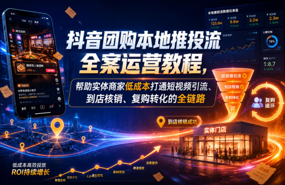 抖音团购本地推投流全案运营教程,帮助实体商家低成本打通短视频引流、到店核销、复购转化的全链路-网赚副业网