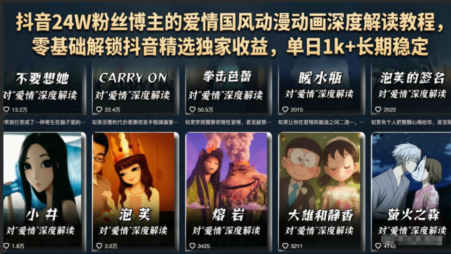 抖音24W粉丝博主的爱情国风动漫动画深度解读教程，零基础解锁抖音精选独家收益，单日1k+长期稳定-网赚副业网