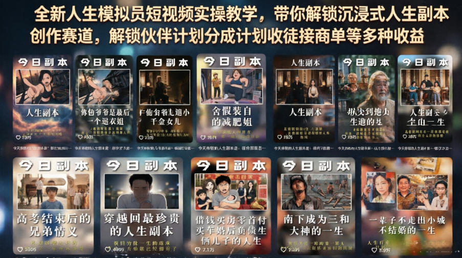 全新人生模拟员短视频实操教学,带你解锁沉浸式人生副本创作赛道,解锁伙伴计划分成计划收徒接商单等多种收益-网赚副业网