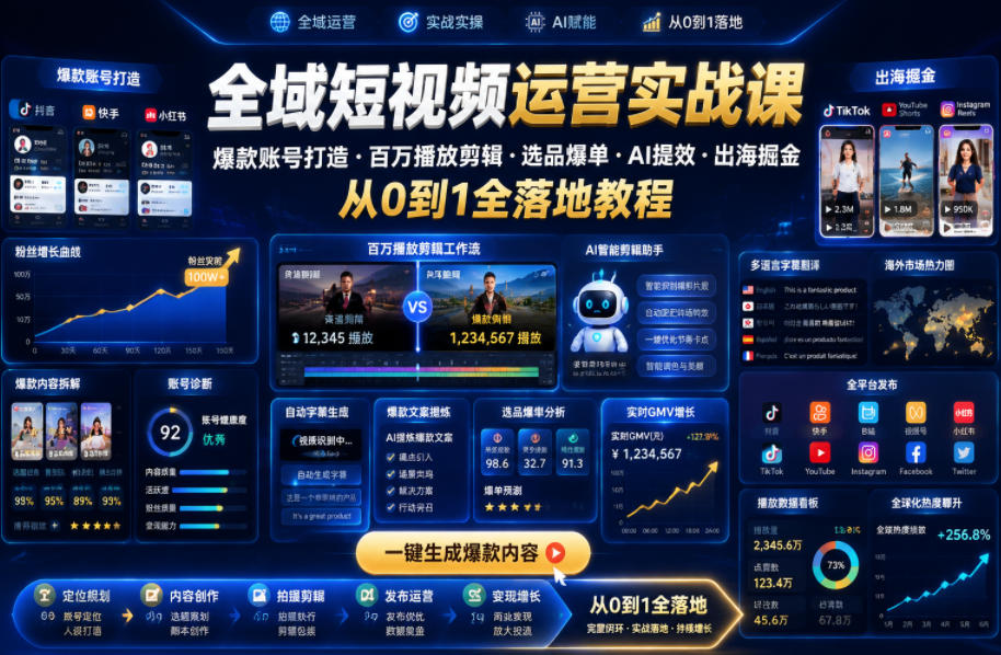 全域短视频运营实战课,爆款账号打造・百万播放剪辑・选品爆单・AI提效・出海掘金,从0到1全落地教程-网赚副业网