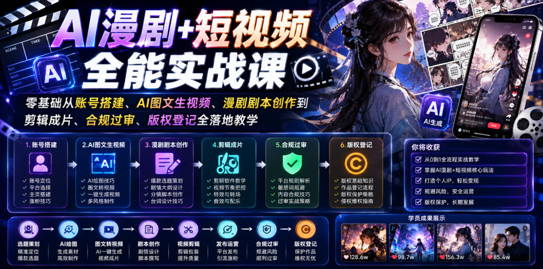 AI漫剧+短视频全能实战课|零基础从账号搭建、AI图文生视频、漫剧剧本创作到剪辑成片、合规过审、版权登记全落地教学-网赚副业网