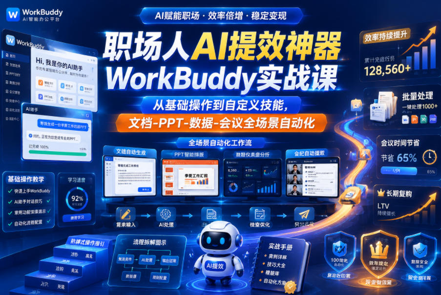 职场人AI提效神器WorkBuddy实战课，从基础操作到自定义技能，文档-PPT-数据-会议全场景自动化-网赚副业网
