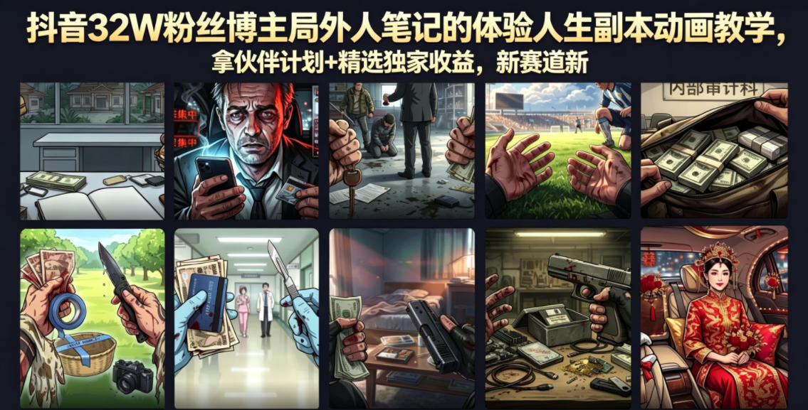 抖音32W粉丝博主局外人笔记的体验人生副本动画教学,拿伙伴计划+精选独家收益,新赛道新涨粉快【录制版】-网赚副业网