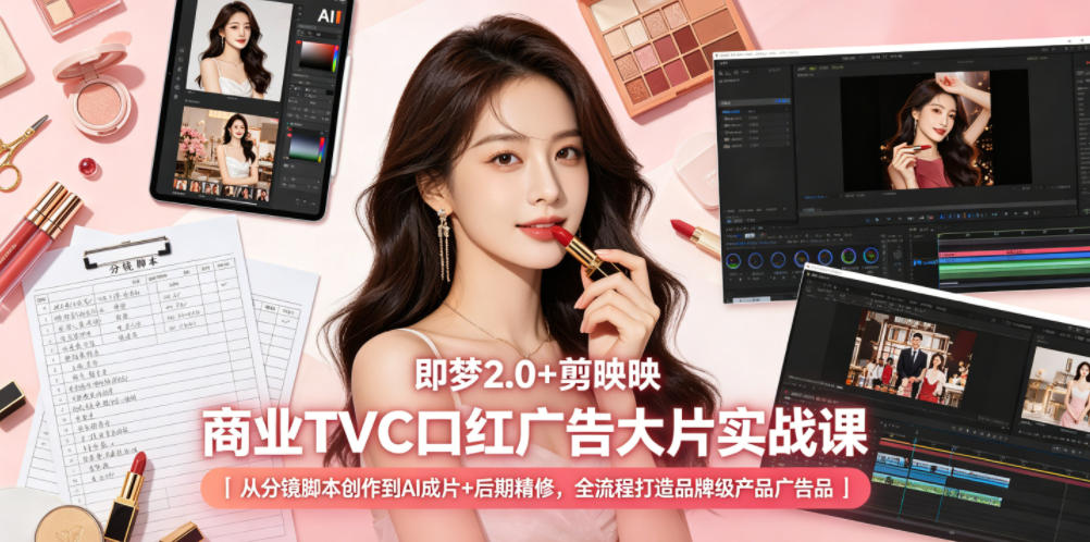 即梦2.0+剪映商业TVC口红广告大片实战课|从分镜脚本创作到AI成片+后期精修,全流程打造品牌级产品广告-网赚副业网