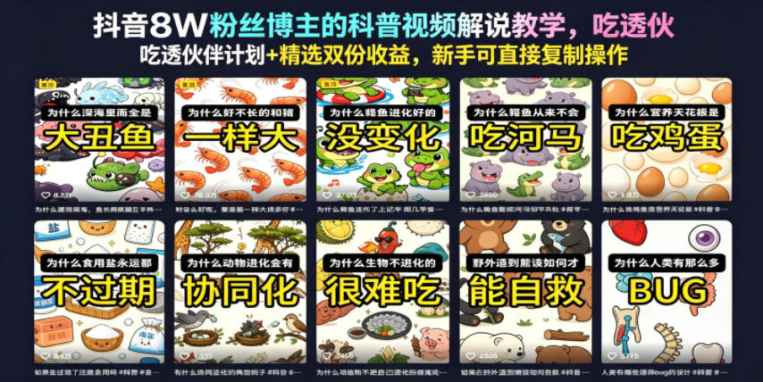 抖音8W粉丝博主的科普视频解说教学,吃透伙伴计划+精选双份收益,新手可直接复制操作-网赚副业网