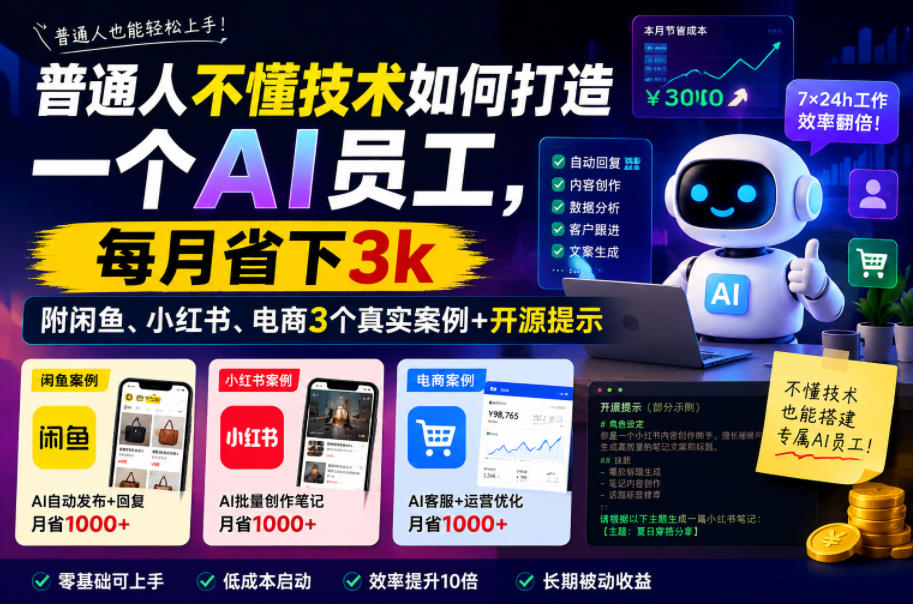 普通人不懂技术如何打造一个AI员工,每月省下3k,附闲鱼、小红书、电商3个真实案例+开源提示【文档】-网赚副业网