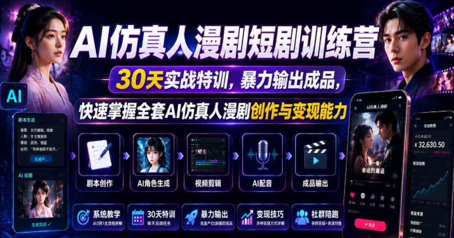 AI仿真人漫剧短剧训练营，30天实战特训，暴力输出成品，快速掌握全套AI仿真人漫剧创作与变现能力-网赚副业网