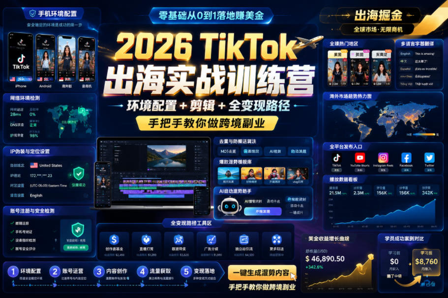 2026 TikTok出海实战训练营,环境配置 + 剪辑 + 全变现路径,手把手教你做跨境副业-网赚副业网
