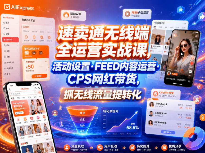 速卖通无线端全运营实战课,活动设置・FEED内容运营・CPS网红带货,抓无线流量提转化-网赚副业网