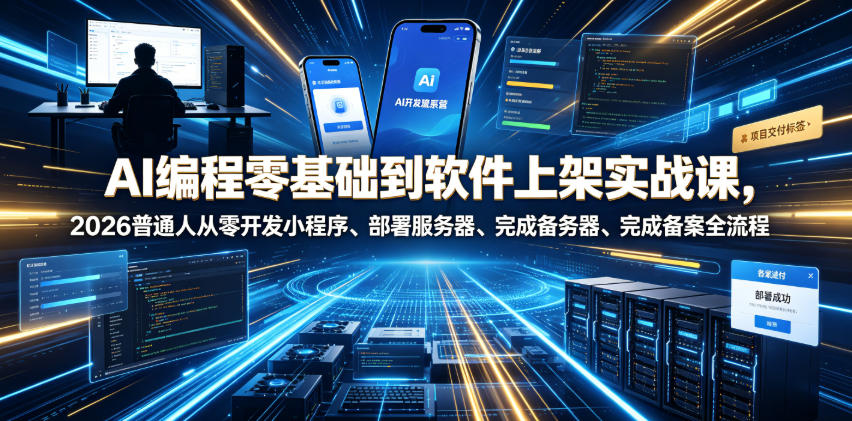 AI编程零基础到软件上架实战课,2026普通人从零开发小程序、部署服务器、完成备案全流程项目落地教程-网赚副业网