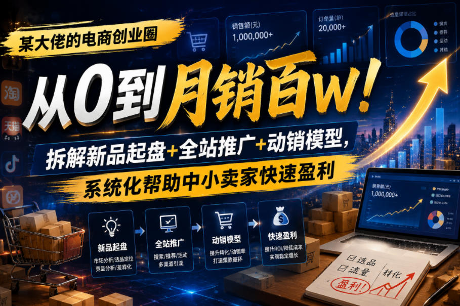 某大佬的电商创业圈从0到月销百W!拆解新品起盘+全站推广+动销模型,系统化帮助中小卖家快速盈利-网赚副业网
