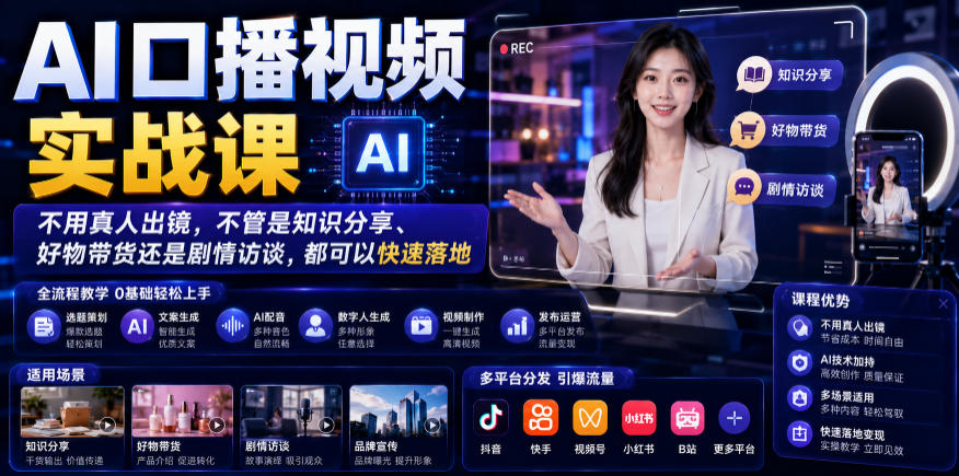 AI口播视频实战课,不用真人出镜,不管是知识分享、好物带货还是剧情访谈,都可以快速落地-网赚副业网