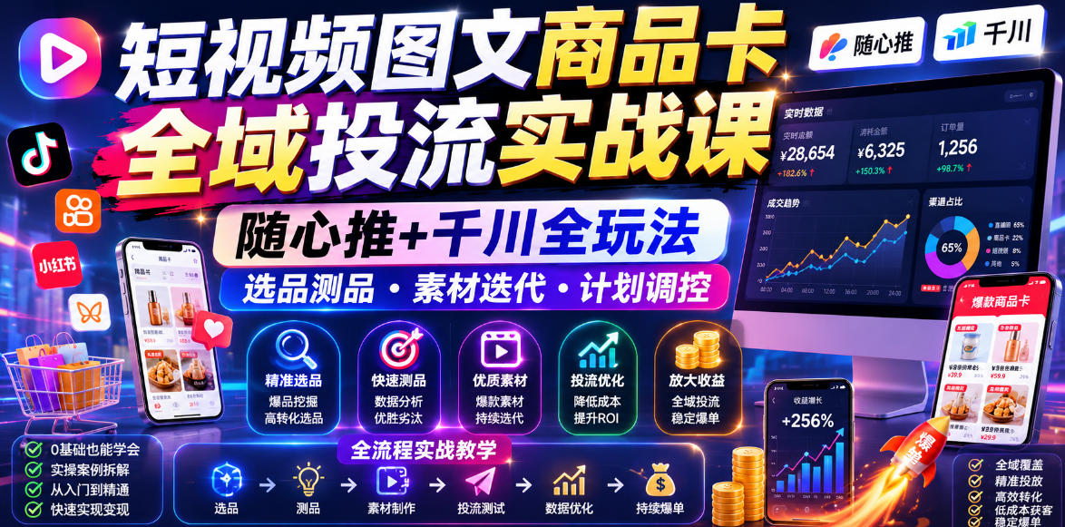 短视频图文商品卡全域投流实战课,随心推+千川全玩法,选品测品・素材迭代・计划调控,提升ROI爆单增收教程-网赚副业网