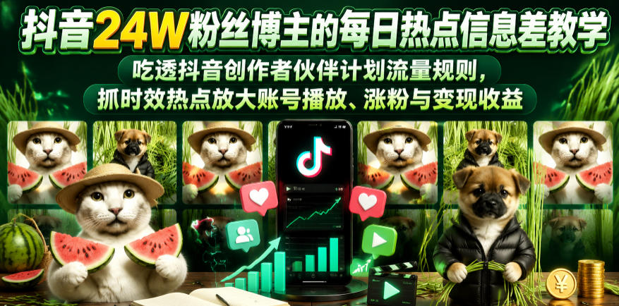 抖音24W粉丝博主的每日热点信息差教学，吃透创作者伙伴计划流量规则，抓时效热点放大账号播放、涨粉与变现收益-网赚副业网