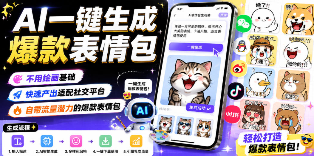 AI一键生成爆款表情包,不用绘画基础,快速产出适配社交平台,自带流量潜力的爆款表情包-网赚副业网