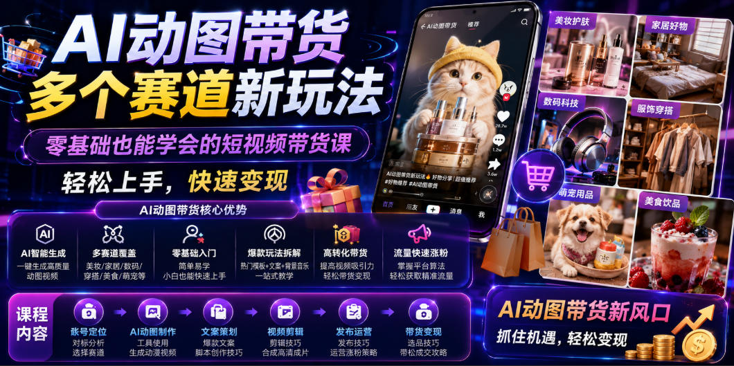 AI动图带货多个赛道新玩法,零基础也能学会的短视频带货课,轻松上手,快速变现-网赚副业网