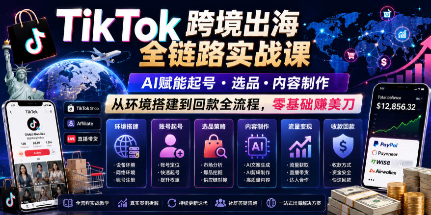 TikTok跨境出海全链路实战课,AI赋能起号・选品・内容制作,从环境搭建到回款全流程,零基础賺美刀-网赚副业网