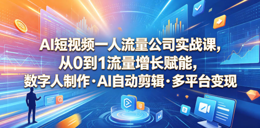 AI短视频一人流量公司实战课,从0到1流量增长赋能,数字人制作・AI自动剪辑・多平台变现,一人做流量生意全落地教程-网赚副业网
