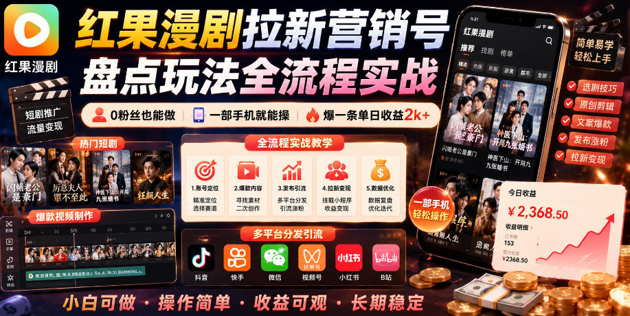 红果漫剧拉新营销号盘点玩法全流程实战,0粉丝也能做,一部手机就能做,爆一条单日收益2k+-网赚副业网