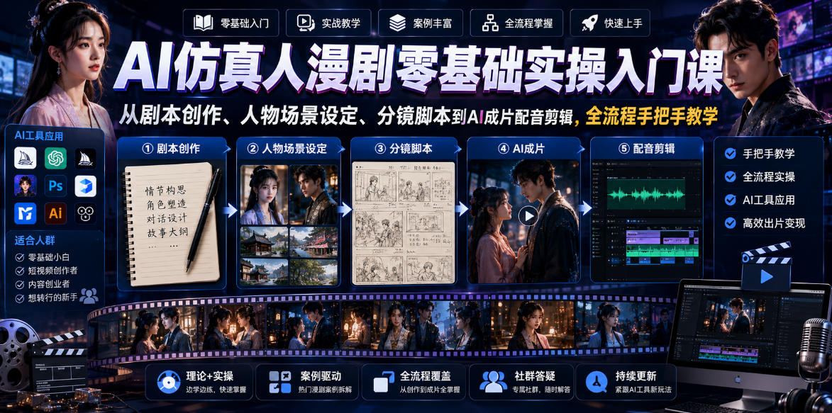 AI仿真人漫剧零基础实操入门课,从剧本创作、人物场景设定、分镜脚本到AI成片配音剪辑,全流程手把手教学-网赚副业网