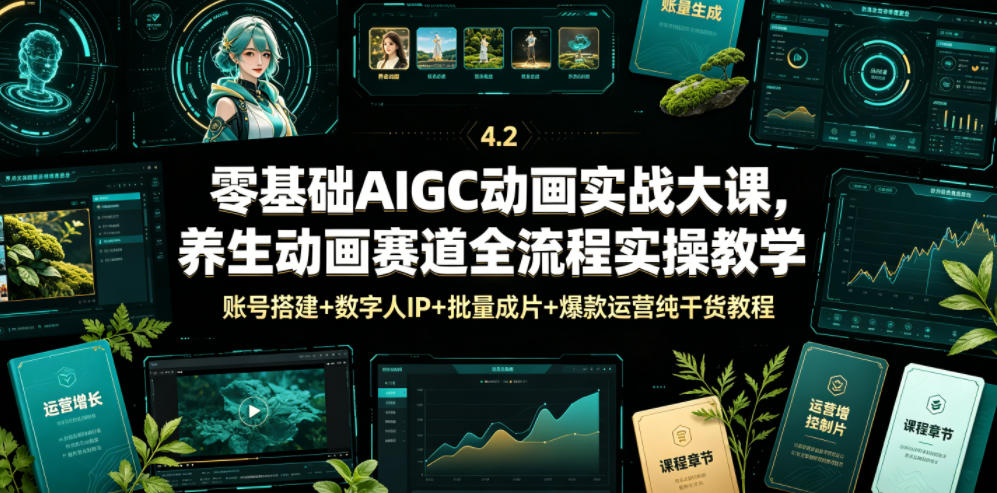零基础AIGC动画实战大课，养生动画赛道全流程实操教学，账号搭建+数字人IP+批量成片+爆款运营纯干货教程-网赚副业网