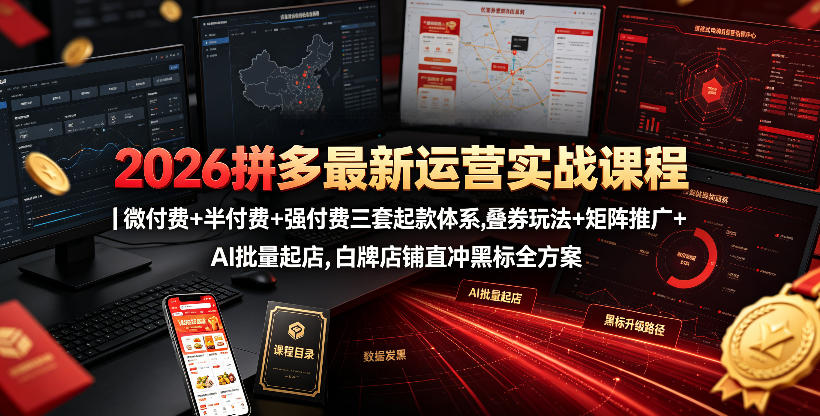 2026拼多多最新运营实战课程|微付费+半付费+强付费三套起款体系,叠券玩法+矩阵推广+AI批量起店,白牌店铺直冲黑标全方案-网赚副业网