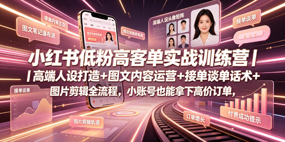 小红书低粉高客单实战训练营|高端人设打造+图文内容运营+接单谈单话术+图片剪辑全流程,小账号也能拿下高价订单-网赚副业网