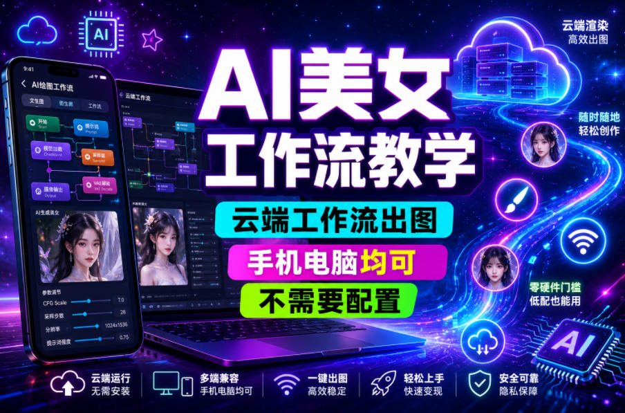 AI美女工作流教学，云端工作流出图，手机电脑均可，不需要配置，快速起号涨粉-网赚副业网