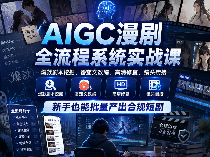 AIGC漫剧全流程系统实战课,爆款剧本挖掘、番茄文改编、高清修复、镜头衔接,新手也能批量产出合规短剧-网赚副业网