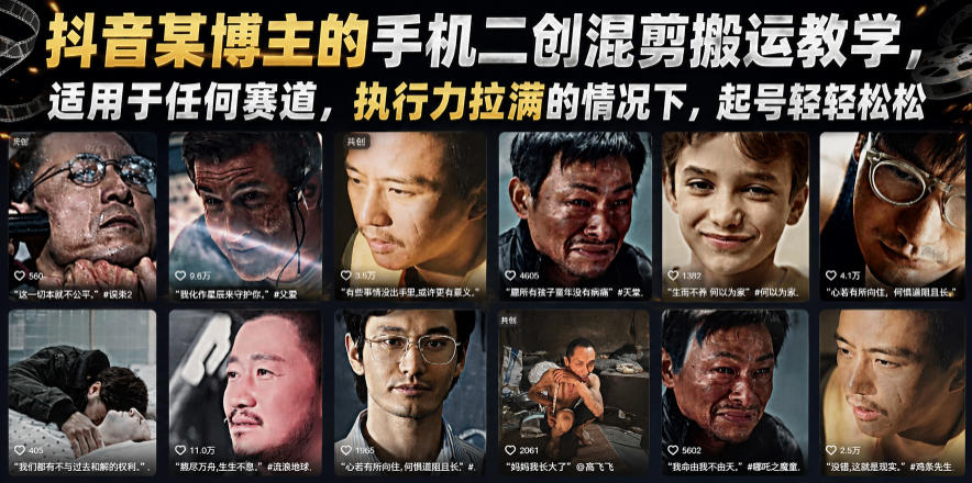 抖音某博主的手机二创混剪搬运教学,适用于任何赛道,执行力拉满的情况下,起号轻轻松松-网赚副业网