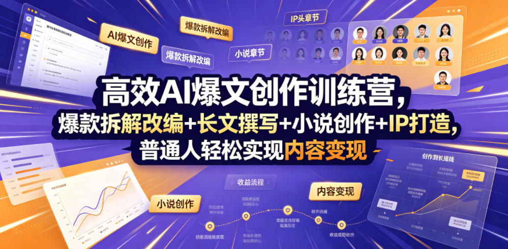 高效AI爆文创作训练营，爆款拆解改编+长文撰写+小说创作+IP打造，普通人轻松实现内容变现-网赚副业网