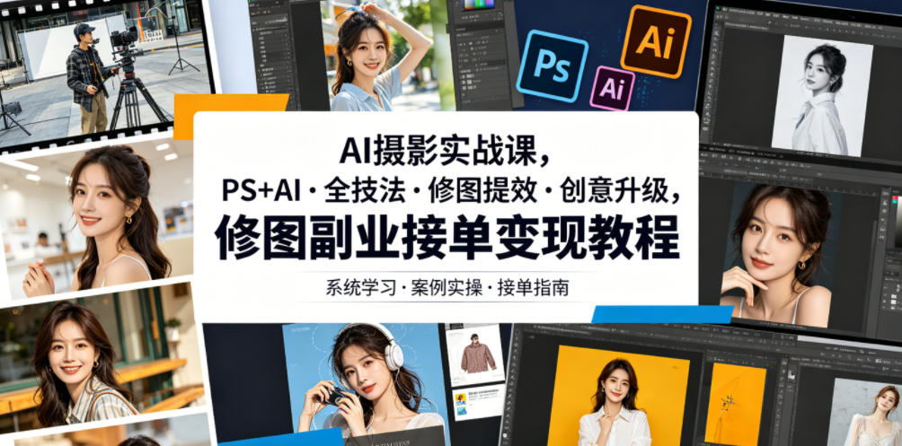 AI摄影实战课,PS+AI・全技法・修图提效・创意升级,修图副业接单变现教程-网赚副业网