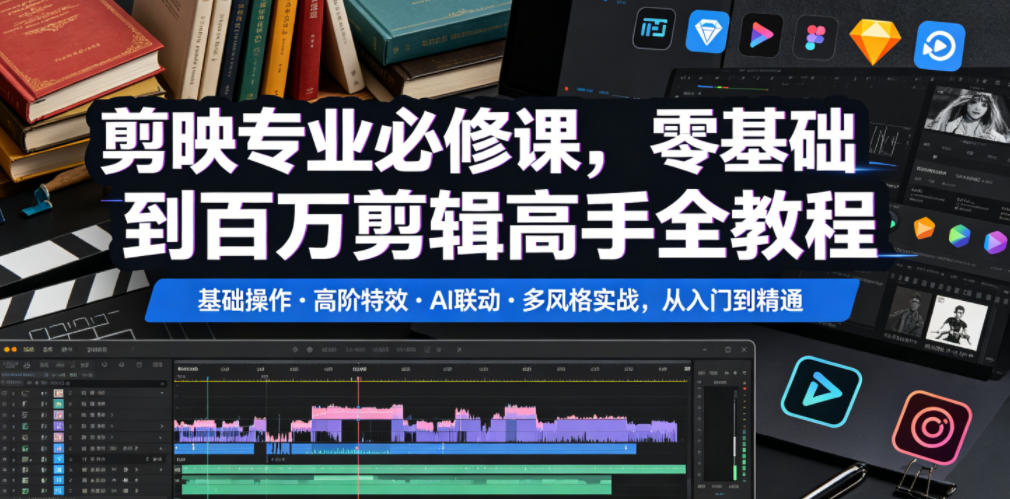 剪映专业必修课,零基础到百万剪辑高手全教程,基础操作・高阶特效・AI联动・多风格实战,从入门到精通-网赚副业网