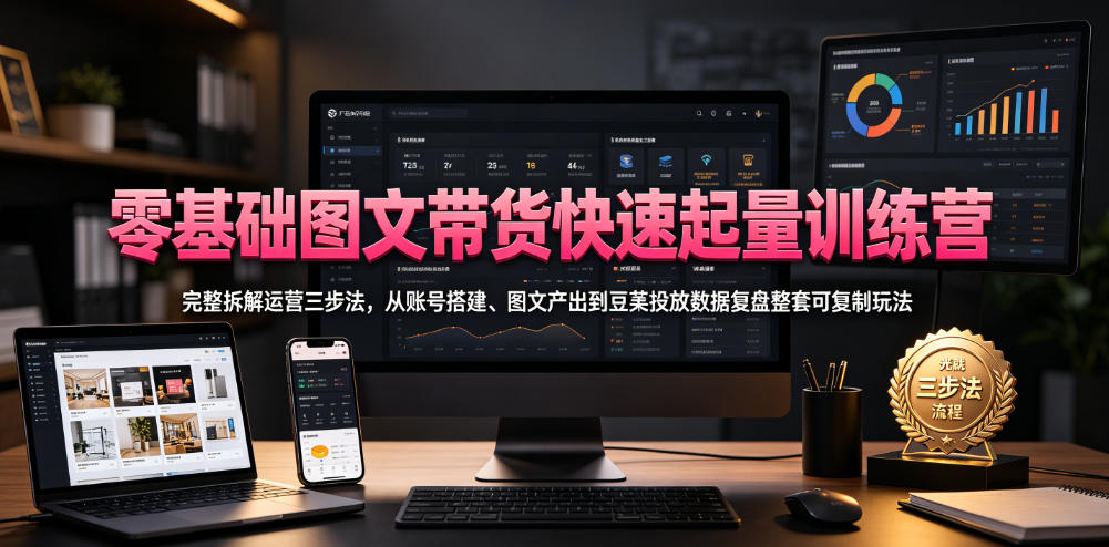 零基础图文带货快速起量训练营,完整拆解运营三步法,从账号搭建、图文产出到豆荚投放数据复盘整套可复制玩法-网赚副业网