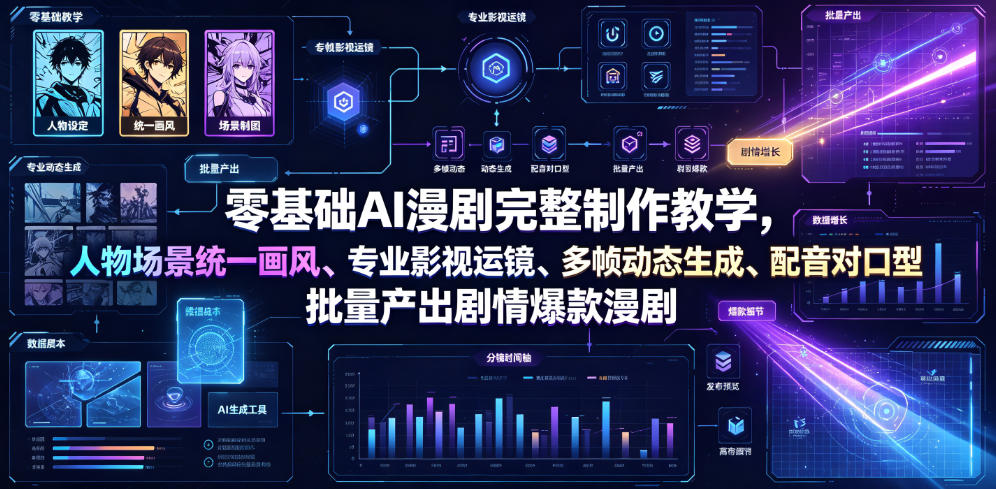 零基础AI漫剧完整制作教学,人物场景统一画风、专业影视运镜、多帧动态生成、配音对口型,批量产出剧情爆款漫剧-网赚副业网