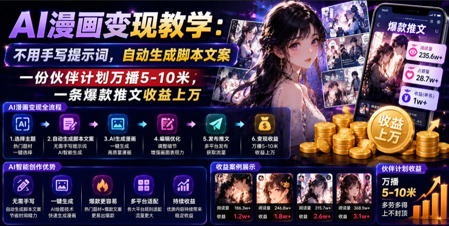 AI漫画变现教学:不用手写提示词,自动生成脚本文案,一份伙伴计划万播5-10米,一条爆款推文收益上W-网赚副业网