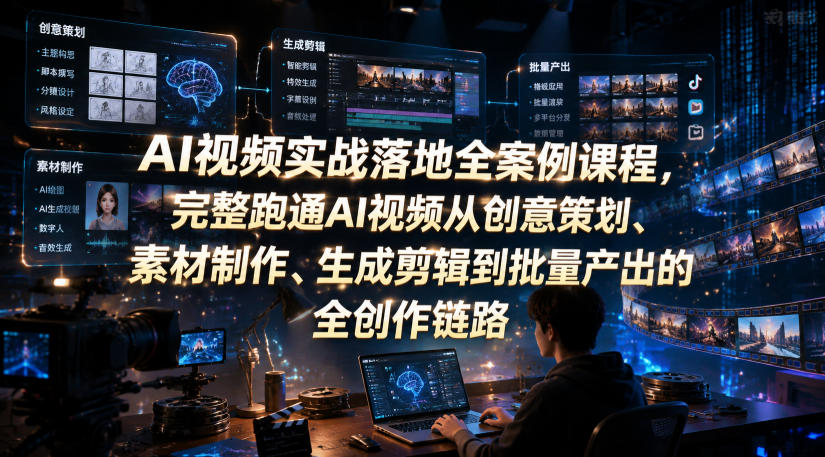 AI视频实战落地全案例课程,完整跑通AI视频从创意策划、素材制作、生成剪辑到批量产出的全创作链路-网赚副业网