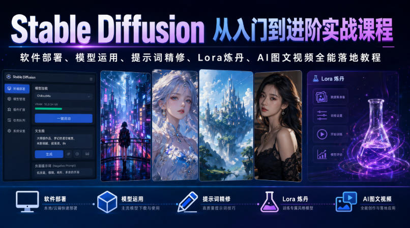Stable Diffusion从入门到进阶实战课程|软件部署、模型运用、提示词精修、Lora炼丹、AI图文视频全能落地教程-网赚副业网