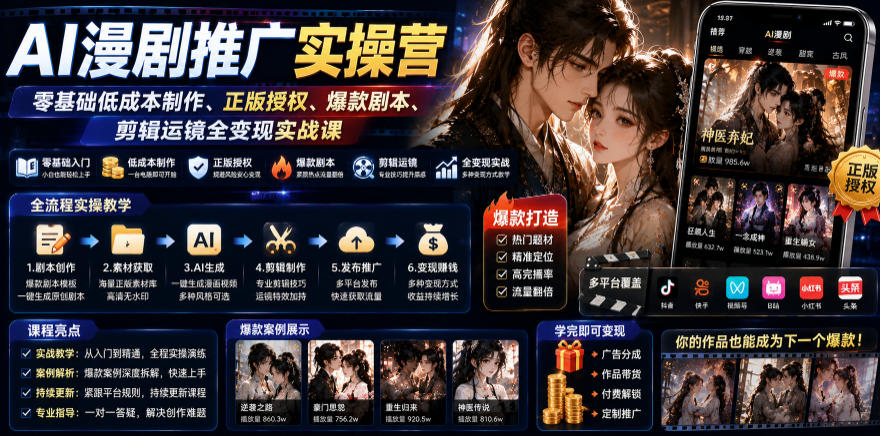 AI漫剧推广实操营|零基础低成本制作、正版授权、爆款剧本、剪辑运镜全变现实战课-网赚副业网