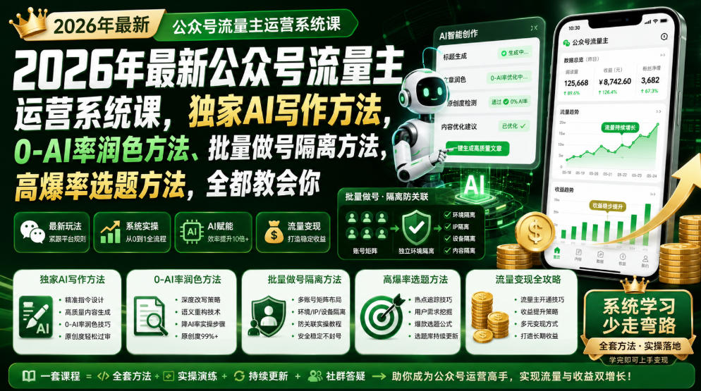 2026年最新公众号流量主运营系统课,独家AI写作方法,0-AI率润色方法、批量做号隔离方法、高爆率选题方法,全都教会你-网赚副业网