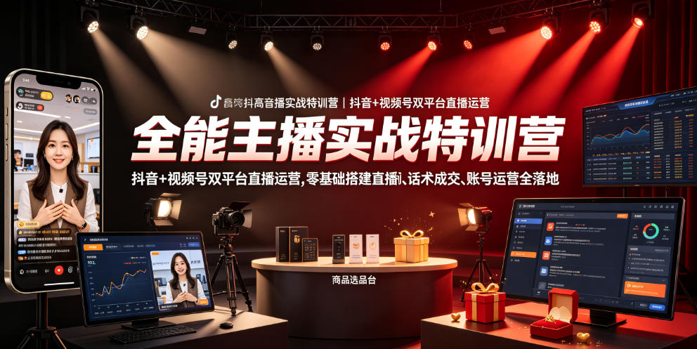 全能主播实战特训营|抖音+视频号双平台直播运营,零基础搭建直播间、精准选品、话术成交、账号运营全落地-网赚副业网